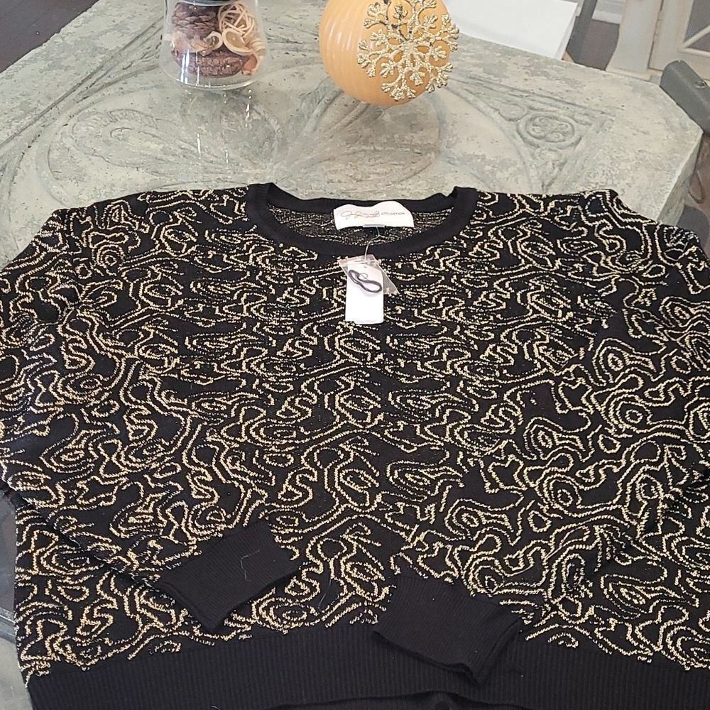 JACLYN Smith Metallic Jacquard Swirl Black Gold Sweater Women Xl